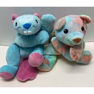 Ty Pillow Pals Sherbert the Bear  Chewy the Beaver  13" Plush Stuffed Animal LOT